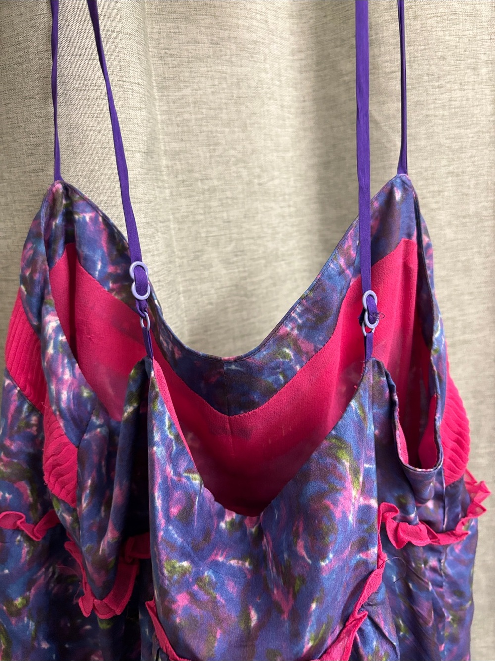 Betsey Johnson Y2K Babydoll Mini Silk Slip Dress Purple w Pink Ruffle Details - Picture 6 of 6